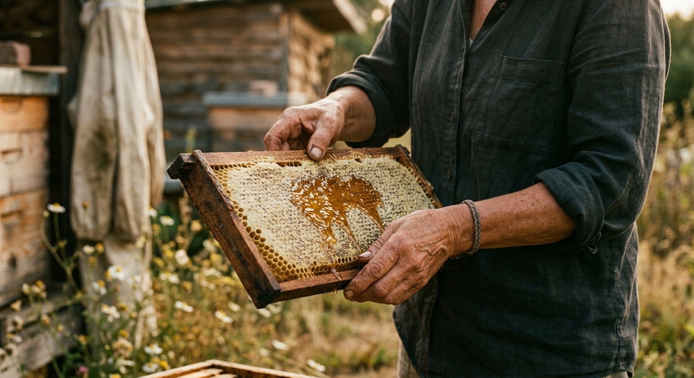 Руки пасечника с рамкой сот